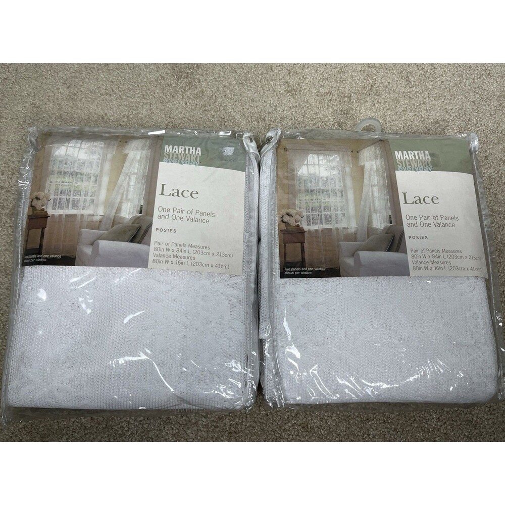 2 Sets 2002 Martha Stewart Lace Curtains Posies White 80x84 2 Panels, 1 Valance
